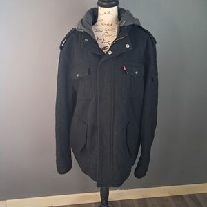 Mens Levi Strauss Hooded Wool Coat Black Snaps Full Zipper Bomber Jacket XL